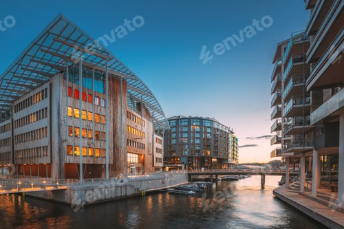 Preview: Oslo, Norway. Night View Embankment And Residential Multi-storey Houses In Aker Brygge District