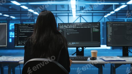 Preview: Data center employee in remote call meeting with colleagues using headset mic