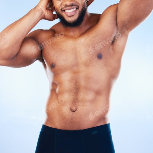 Preview: Black man, fitness and body, smile and abs, healthy and active with muscle and strong on blue backg