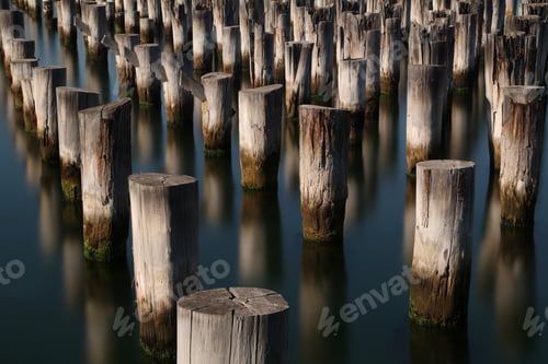 Preview: Horizontal shot of old wooden pier pillars in a body of water. Perfect for a wallpaper.