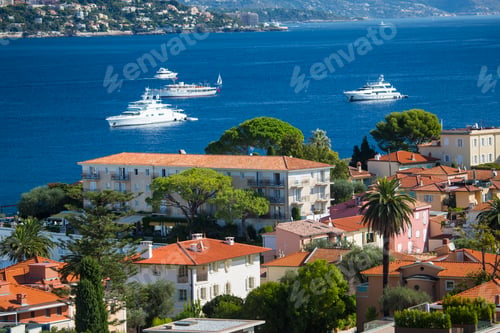 Preview: Elevated view of rooftops and coast, St Jean Cap Ferrat, France