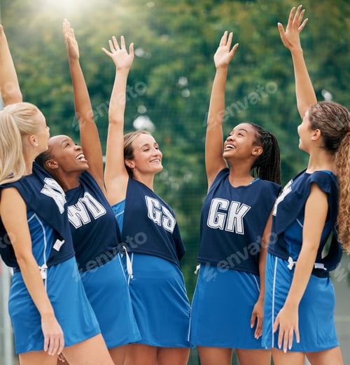 Preview: Netball, sports and motivation with a woman team in celebration after victory in a competitive game