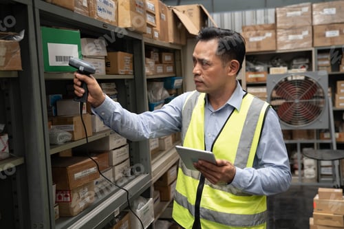 Preview: warehouse manager and worker inventory check goods on shelf barcode scan distribute in factory