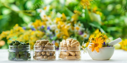 Herbal Supplement Capsules and Greenery Still Life