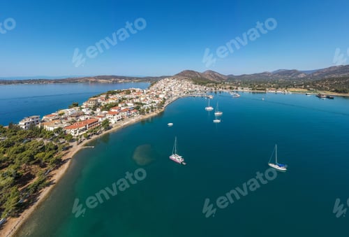 Preview: Greece, Aerial drone view of Ermioni, a small port town in Argolis, Peloponnese,