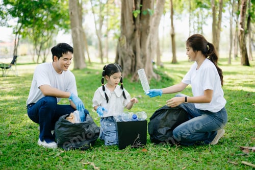 Preview: Asian parents and child collect bottles at the park, sharing love, teamwork, and care.