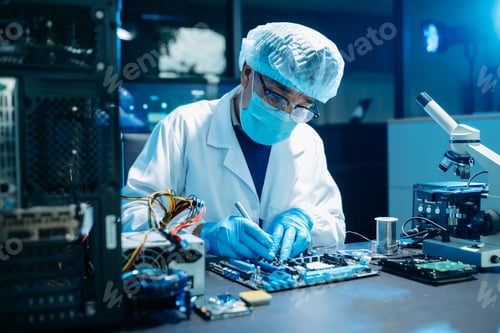 Preview: IT engineer repairing computer server hardware in laboratory. Electronics diagnostics,