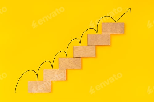 Preview: Rising arrow on wooden staircase