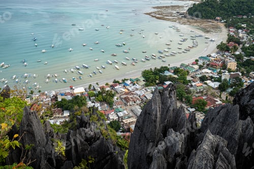 Preview: Aerial view of the beach and town of El Nido, Palawan archipelago, in the Philippines