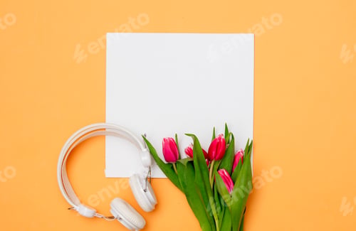 Preview: Square mockup banner and tulips with headphones on yellow background