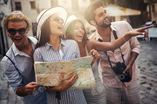 Preview: Happy group of tourists traveling and sightseeing together at summer