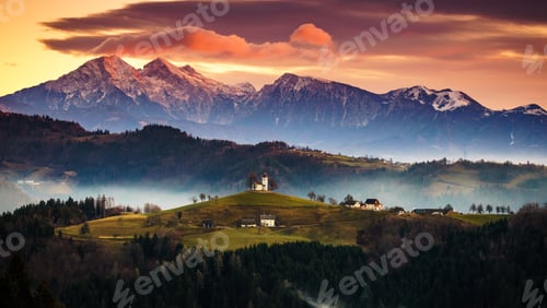 Preview: The church of St. Thomas at sunrise , Skofja Loka, Slovenia