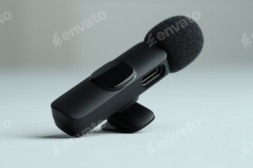 Preview: Lavalier microphone on gray background, closeup. Audio equipment
