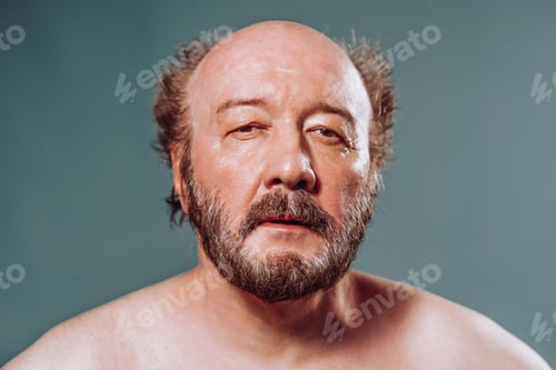 Preview: Elderly senior man with a beard and mustache, bare shoulders, tired look, mouth slightly open.