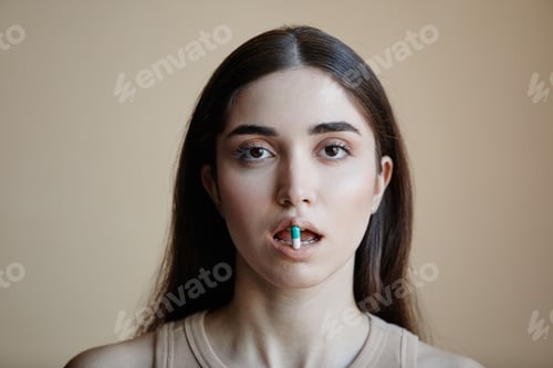 Preview: Young woman holding single pill in open mouth