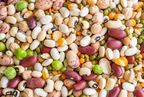Preview: Mixed dried legumes and cereals isolated on white background, top view
