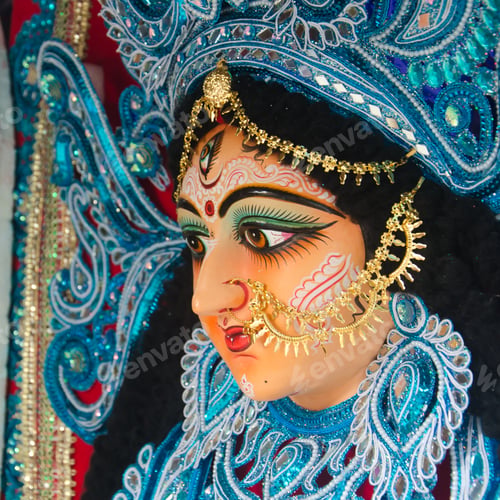 Preview: Close up view of the face of Hindu Goddess Durga.