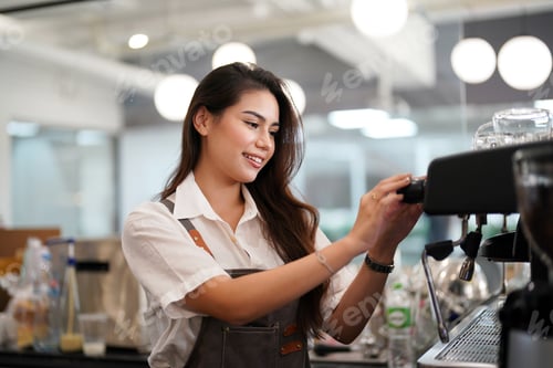 Preview: Portrait of a happy waitress standing at restaurant entrance, coffee shop,. Business owner.