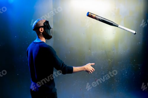 Preview: man masked robber throws baseball bat in the air threats attack robbery crimes performance