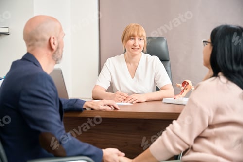 Preview: Female doctor reproductologist smiling looking at family couple