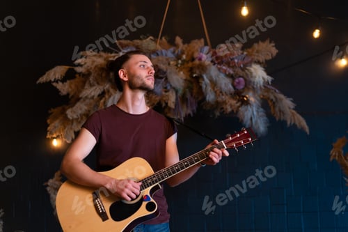 Preview: Male musician playing acoustic guitar. Guitarist plays classical guitar on stage in concert