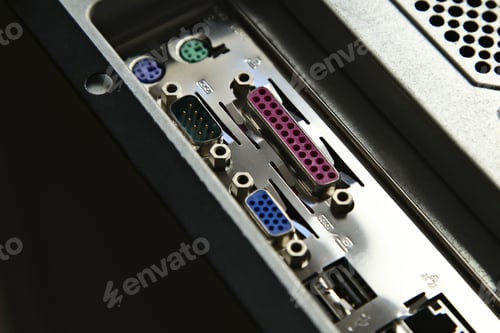 Preview: Closeup of the ports on the back of the computer case under the lights