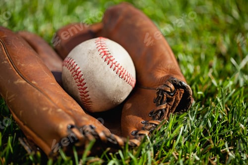Preview: Old Baseball Mitt and Ball on Grass Field