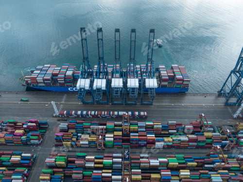 Preview: Shenzhen ,China - Circa 2022: Aerial view of landscape at Yantian port in Shenzhen city, China
