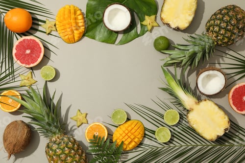 Preview: Composition with exotic fruits and palm leaves on grey background, space for text