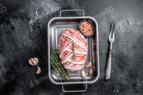 Preview: Cooking raw meatloaf with ground beef meat and bacon in steel tray, fresh meat loaf.