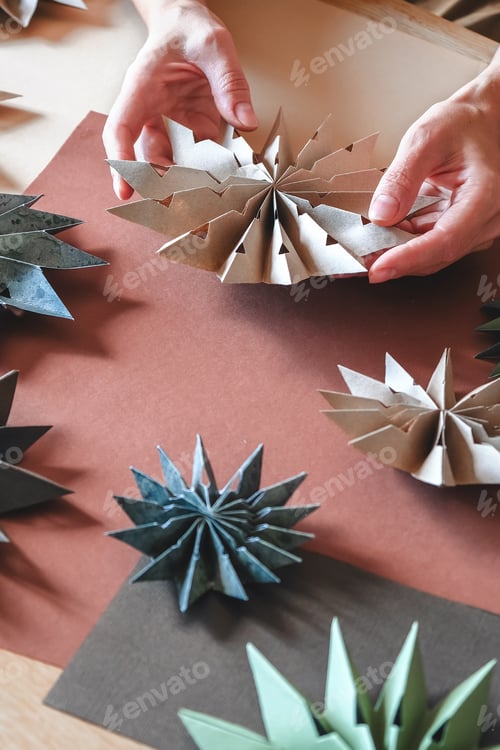 Preview: Christmas gift zero waste, eco friendly hand made box packaging gifts in kraft paper wooden table, e