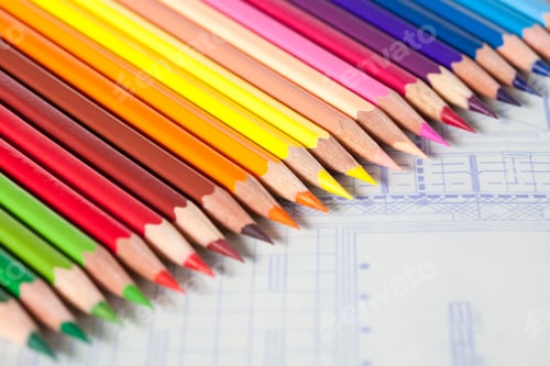 Preview: Color pencils in a neat row on blueprint