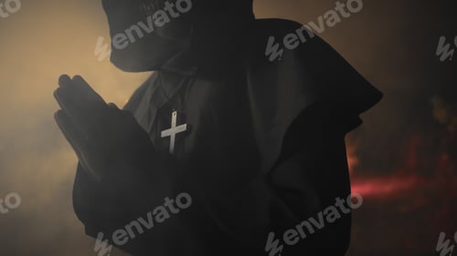 Preview: Monk With monster face praying in the night forest for Halloween