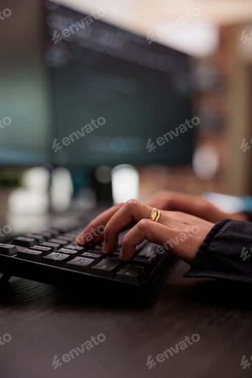 Preview: Security application engineer encrypting vital company information on blockchain system.