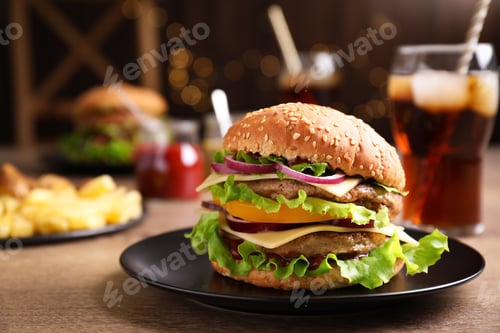 Preview: Plate with delicious hamburger on wooden table. Space for text