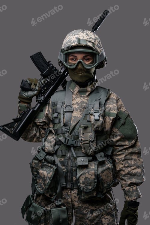 Preview: Soldier woman with rifle dressed in modern protective uniform