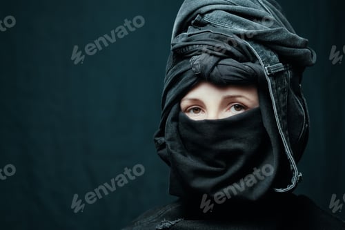 Preview: Portrait of a woman in jeans jacket and denim headdress. Black jeans clothing, total denim.