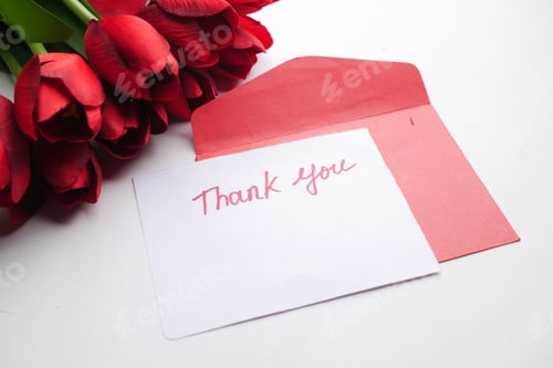 Preview: thank you message, envelope and red tulip flower on white background