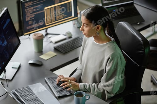 Preview: Focused Young Middle Eastern Female Coder Working on Computer in Office