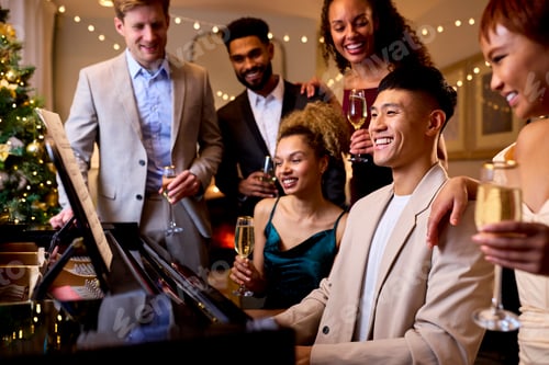 Preview: Group Of Friends Around Piano Celebrating At Christmas Or New Year Party Together