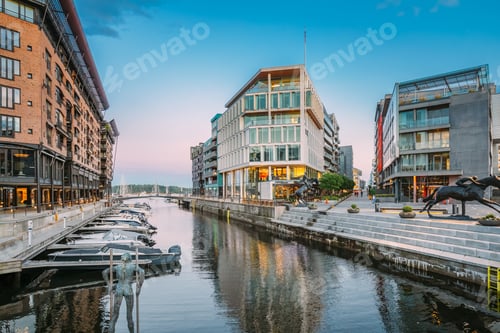 Preview: Oslo, Norway. View Of Residential Multi-storey Houses In Aker Brygge District In Summer Evening