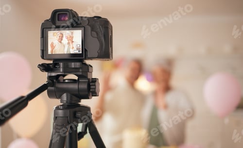 Preview: Camera, senior couple and screen at home for birthday party of marriage anniversary in retirement,