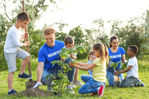 Preview: Kids planting trees with volunteers in park