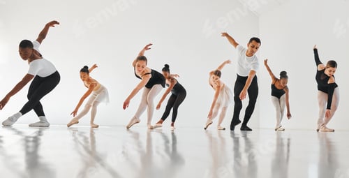 Preview: Shot of a group of young ballet dancers practicing their routine in a dance studio