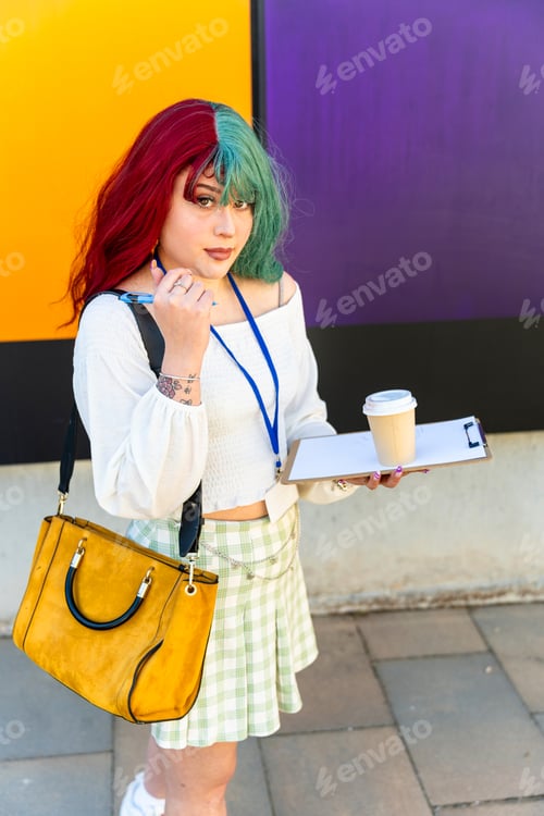 Preview: Modern girl with red and green hair going to work