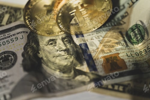 Preview: Golden coin with bitcoin symbol and dollar banknote
