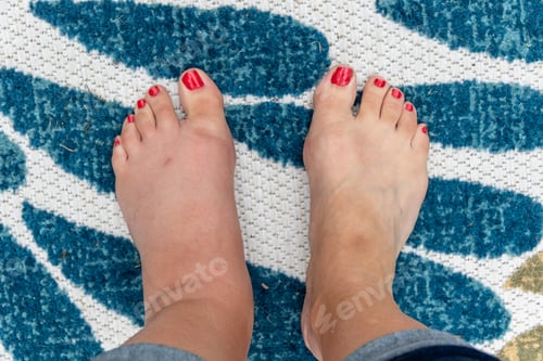 Preview: Closeup shot of feet with a pedicure with one foot swollen from a wasp bite