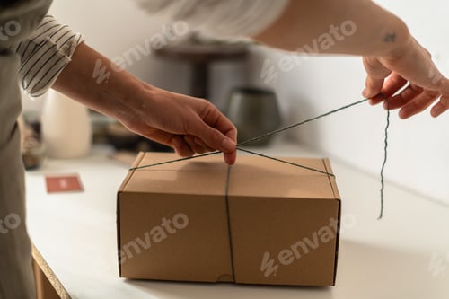 Preview: Young potter tying cardboard box with green string in workshop