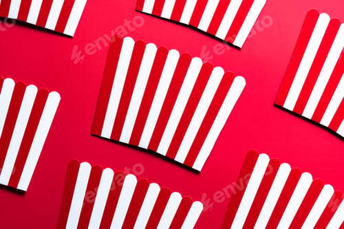 Preview: Striped Popcorn Empty Boxes Flat Lay Modern Art. Cinema and Entertainment Background
