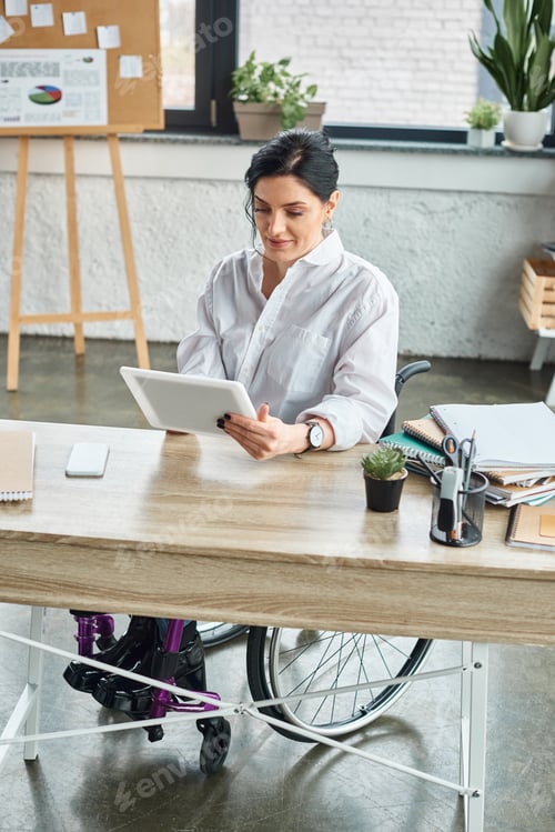 Preview: attractive devoted businesswoman with mobility disability in wheelchair working on her tablet
